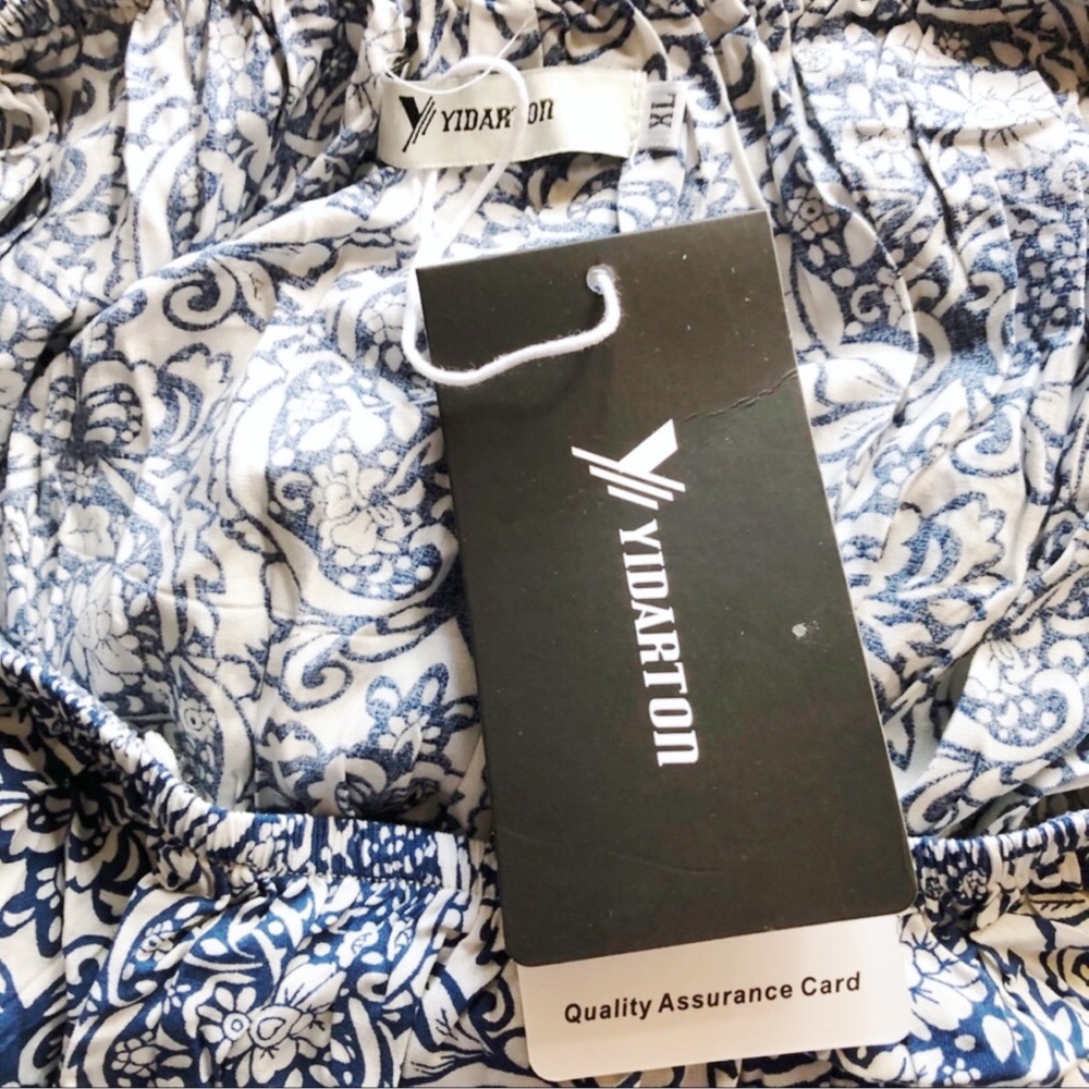 Strapless Ruffle Maxi Dress Size 16 XL Blue & White Rayon Print - Picture 12 of 16